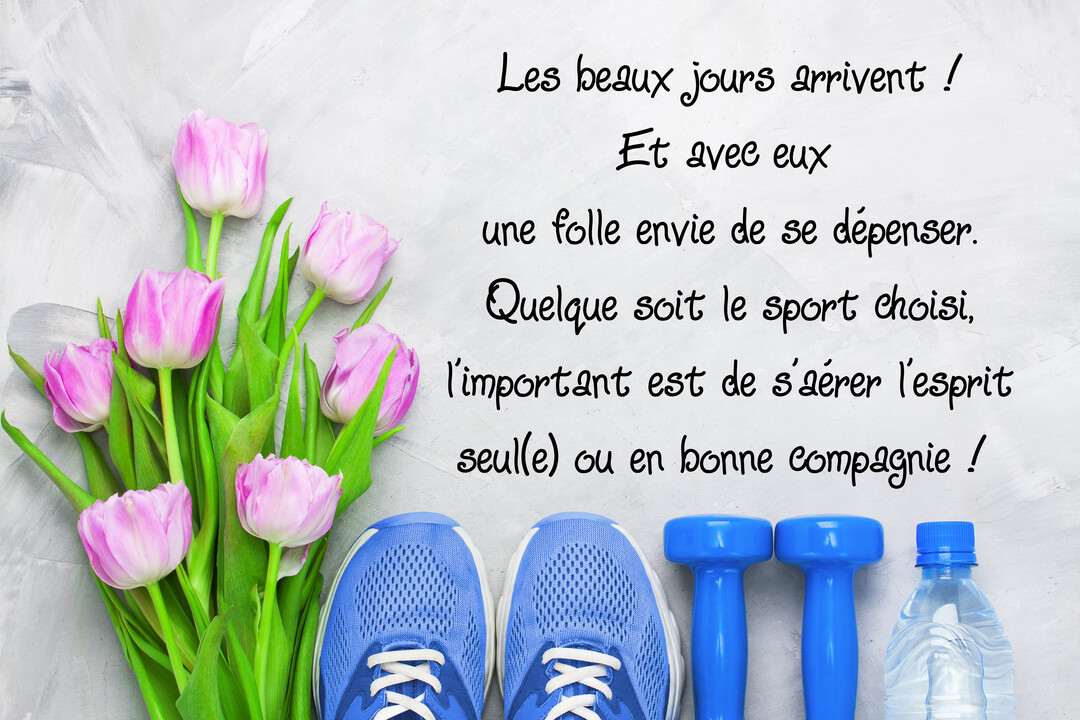 Composition à plat montrant un bouquet de tulipes roses à côté de baskets, d'haltères bleus et d'une bouteille d'eau sur un fond gris texturé.