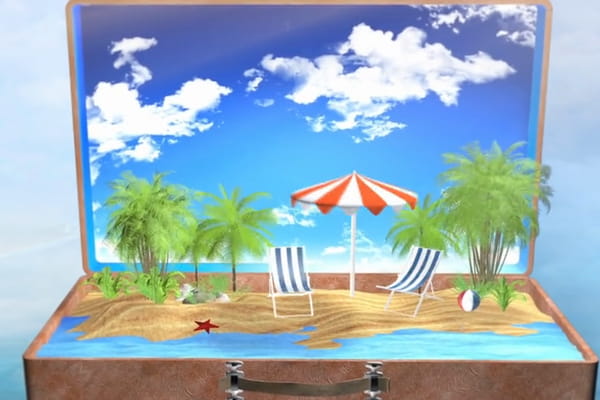 Carte animée 'Vive les vacances' montrant une valise vintage ouverte qui révèle une plage miniature avec palmiers et transats, flottant dans le ciel.
