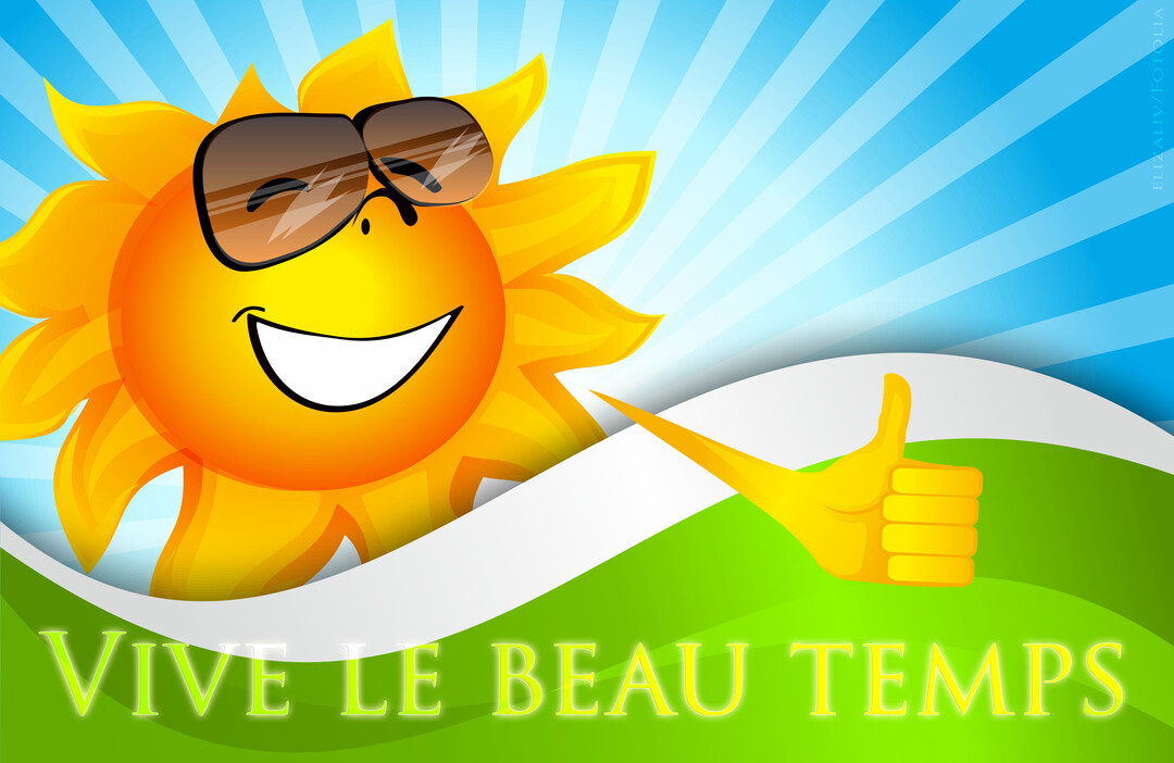 Un soleil anthropomorphe, portant des lunettes et souriant largement, fait un pouce en l'air devant un ciel bleu rayonnant et des collines vertes.