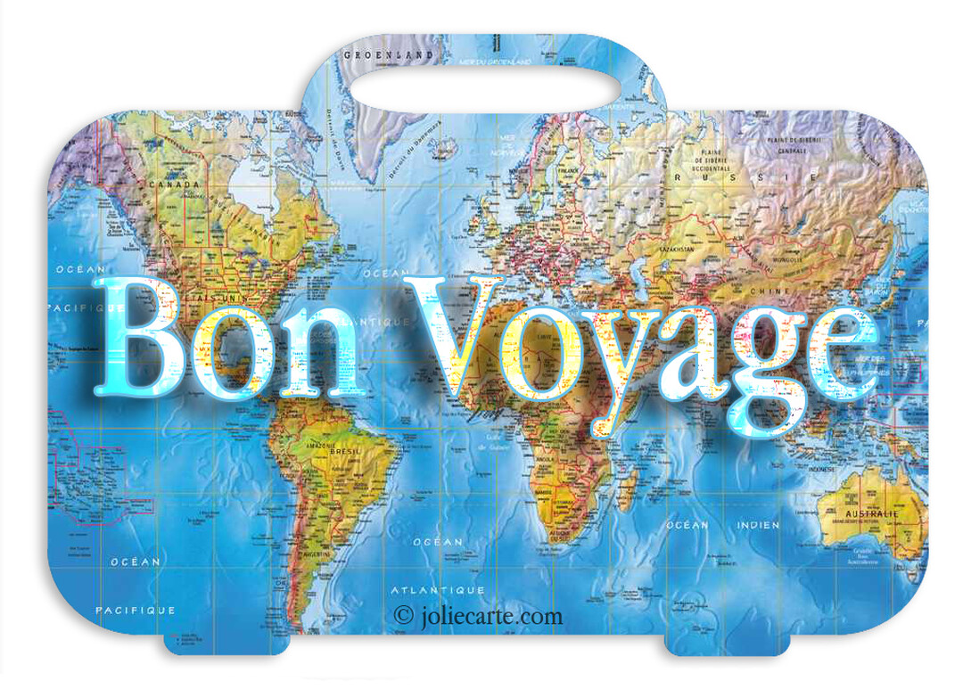 Une carte du monde détaillée est découpée en forme de valise avec une poignée, avec l'inscription 'Bon Voyage' superposée au centre.