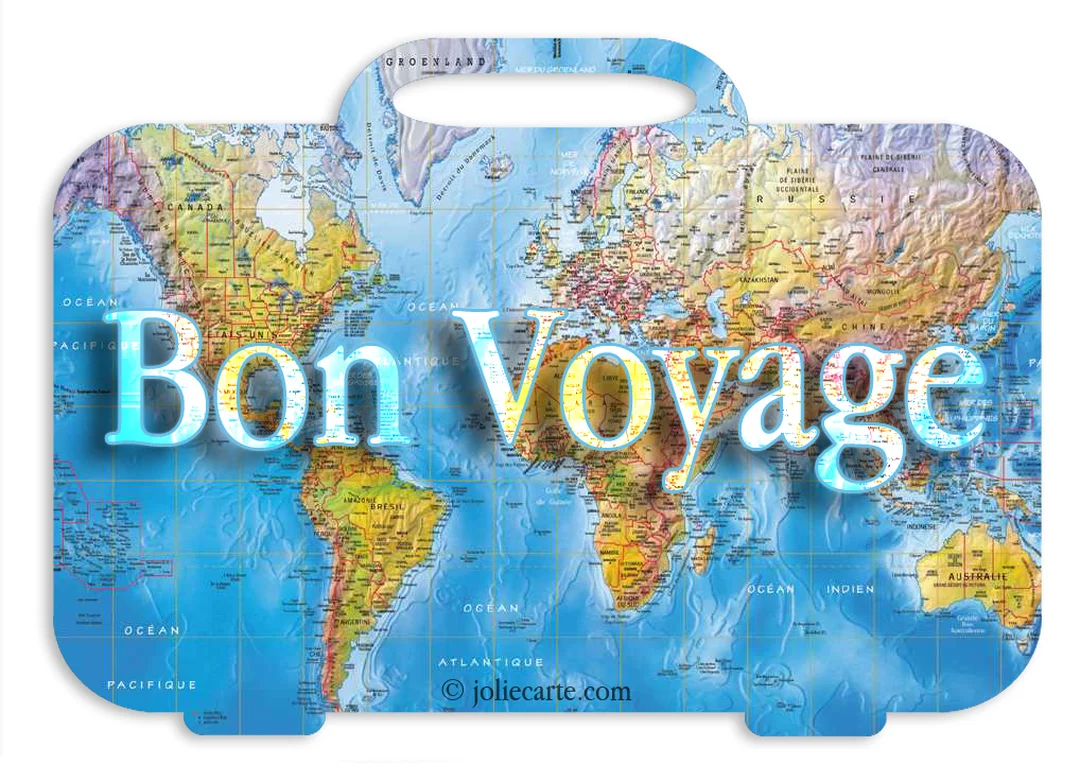 Une carte du monde détaillée est découpée en forme de valise avec une poignée, avec l'inscription 'Bon Voyage' superposée au centre.
