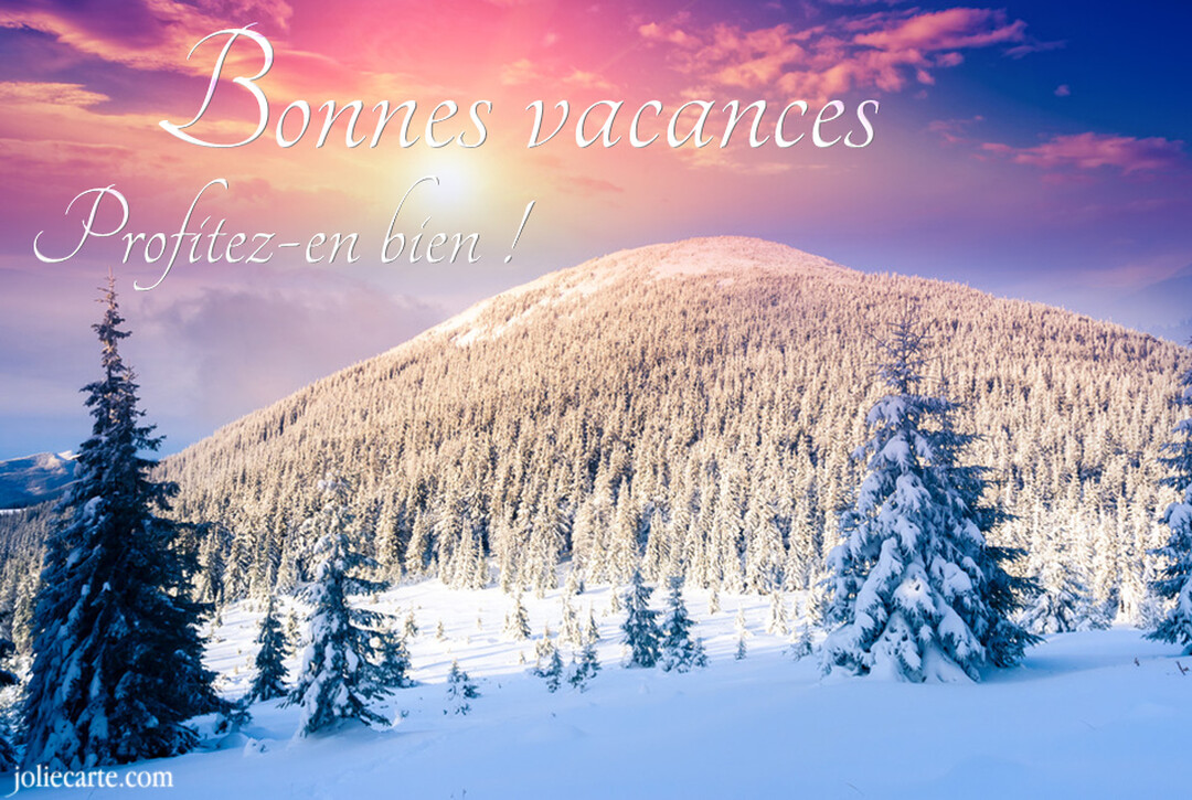 Paysage hivernal d'une montagne couverte de sapins enneigés, sous un ciel aux teintes roses et violettes avec un soleil éclatant à l'horizon.