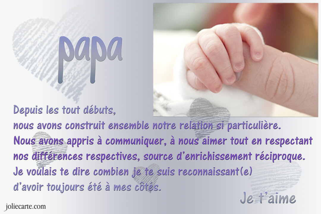 Carte de vœux pour un papa montrant la main d'un nouveau-né agrippant un doigt d'adulte, avec un texte de gratitude superposé.