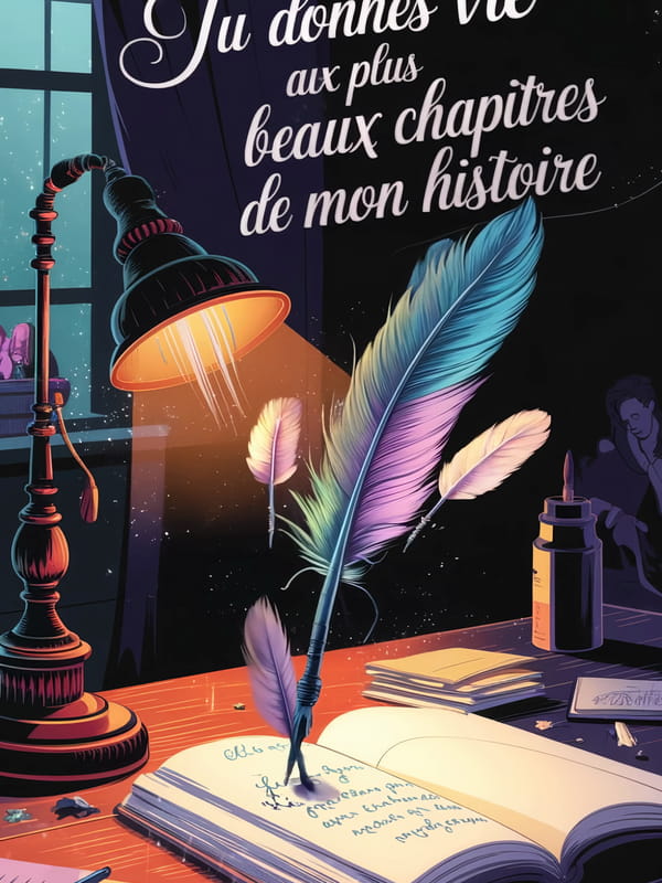 Plume colorée écrivant dans un livre sous la lumière d'une lampe. Texte : Tu donnes vie aux plus beaux chapitres de mon histoire.