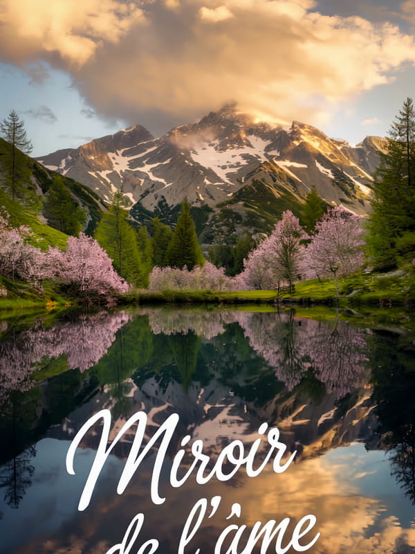 Paysage de montagne avec un lac reflétant le ciel et des cerisiers en fleurs. Citation manuscrite : 'Miroir de l'âme'.