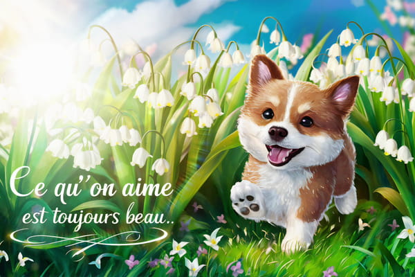 Un adorable chiot Corgi roux et blanc court joyeusement dans un champ de muguet, sous un ciel bleu. La citation "Ce qu'on aime est toujours beau..." est inscrite en calligraphie.