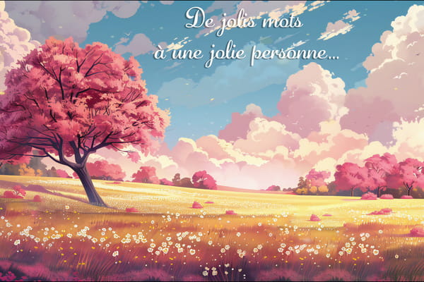 Carte illustrée d'un paysage poétique avec un arbre rose en fleurs sous un ciel nuageux. Texte : 'De jolis mots à une jolie personne...'
