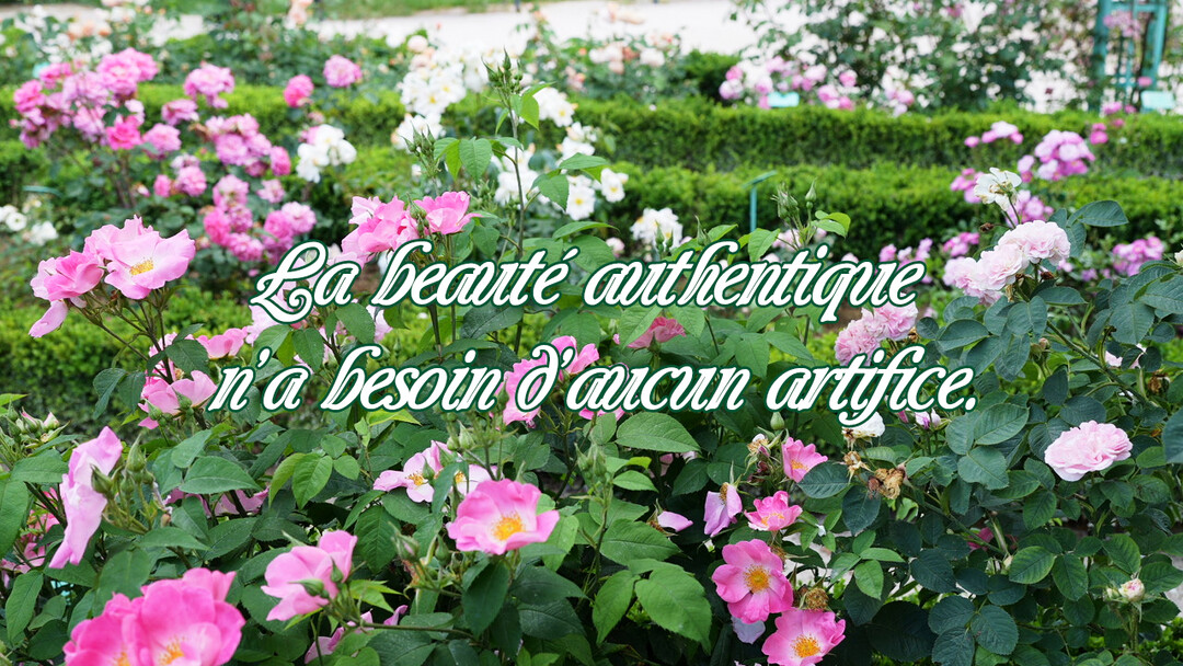 Une photographie d'un jardin luxuriant rempli de rosiers en fleurs, principalement roses, avec une citation philosophique sur la beauté naturelle superposée.
