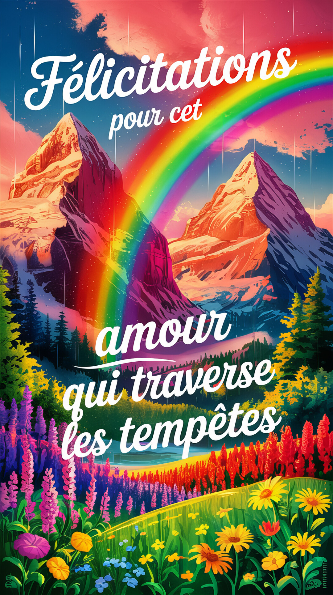 Une illustration vibrante montre un arc-en-ciel éclatant au-dessus de montagnes majestueuses, avec un champ de fleurs colorées au premier plan.