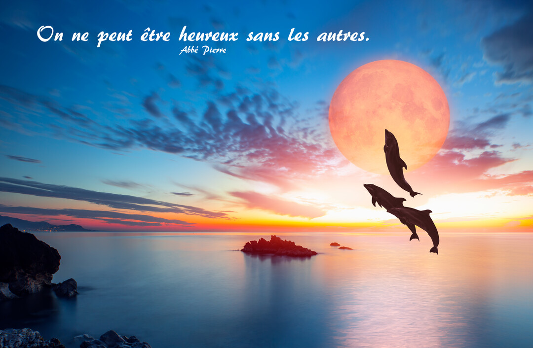 Au-dessus d'une mer calme au crépuscule, trois dauphins en silhouette sautent devant une immense lune orangée, sous une citation de l'Abbé Pierre.