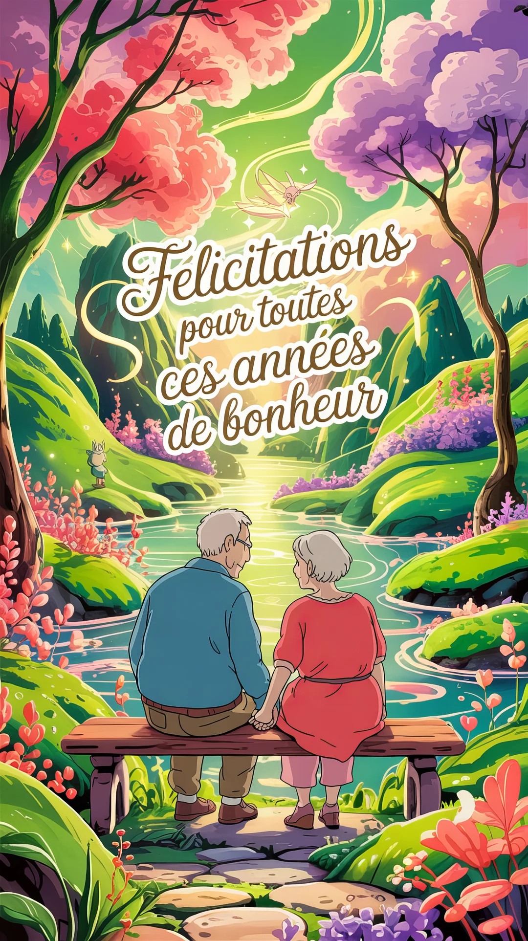 Un couple de personnes âgées, vu de dos, est assis sur un banc et se tient la main en contemplant un paysage onirique et coloré.