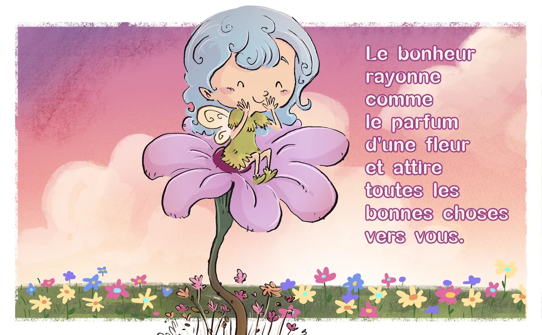 Une illustration enfantine montre une petite fée joyeuse assise sur une grande fleur mauve, avec un texte poétique sur un fond de ciel rose.