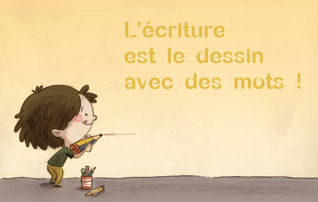 Un garçon de style dessin animé utilise un crayon géant comme un lance-roquette pour tracer une ligne, illustrant une citation sur l'écriture.