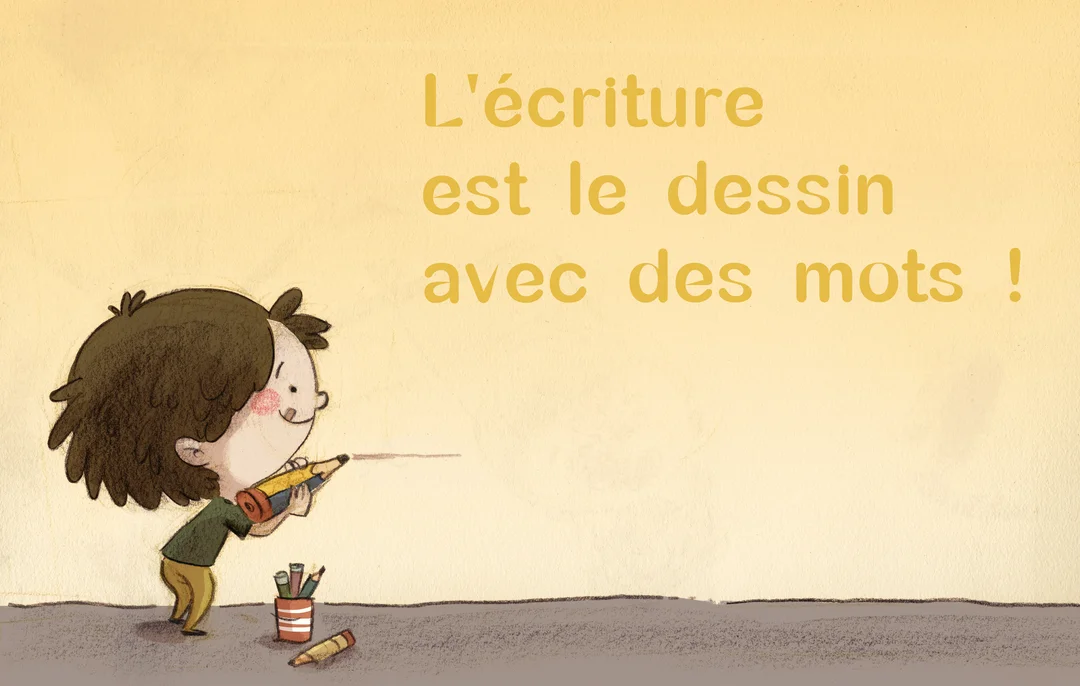 Un garçon de style dessin animé utilise un crayon géant comme un lance-roquette pour tracer une ligne, illustrant une citation sur l'écriture.