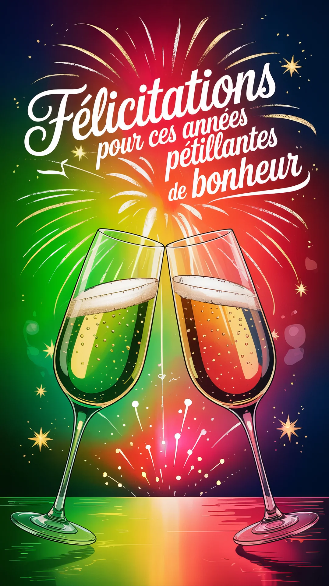 Deux flûtes à champagne remplies de bulles trinquent devant un feu d'artifice multicolore, avec le texte 'Félicitations pour ces années pétillantes de bonheur'.
