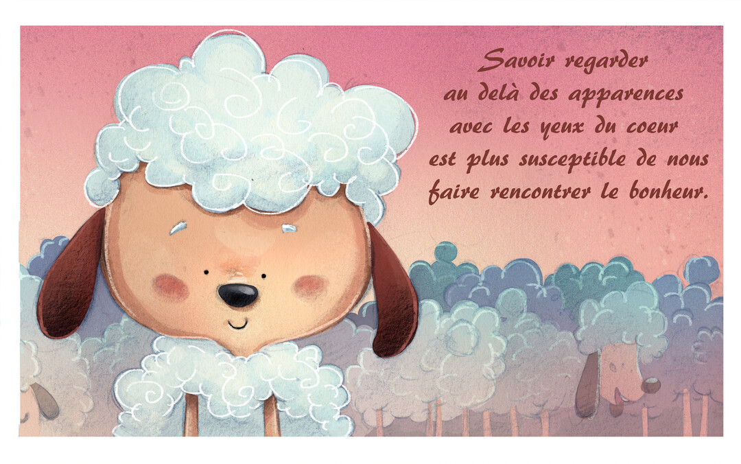 Illustration d'un adorable mouton au premier plan, sur un fond rose avec un troupeau et une citation sur le bonheur à droite.