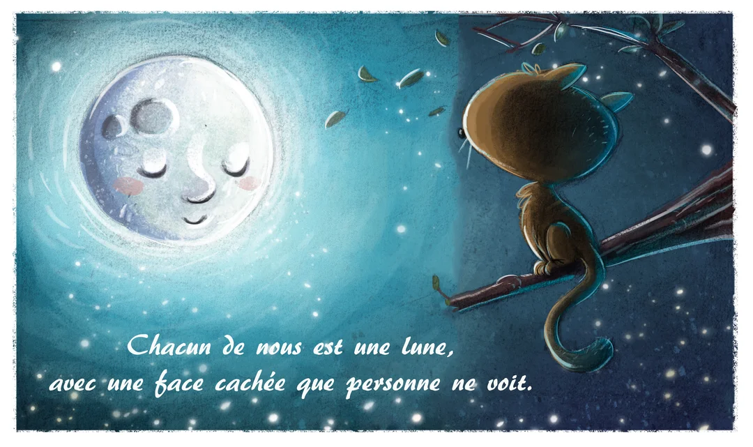 Un chat de style illustratif est assis sur une branche d'arbre et regarde une lune humanisée et souriante dans un ciel nocturne étoilé.