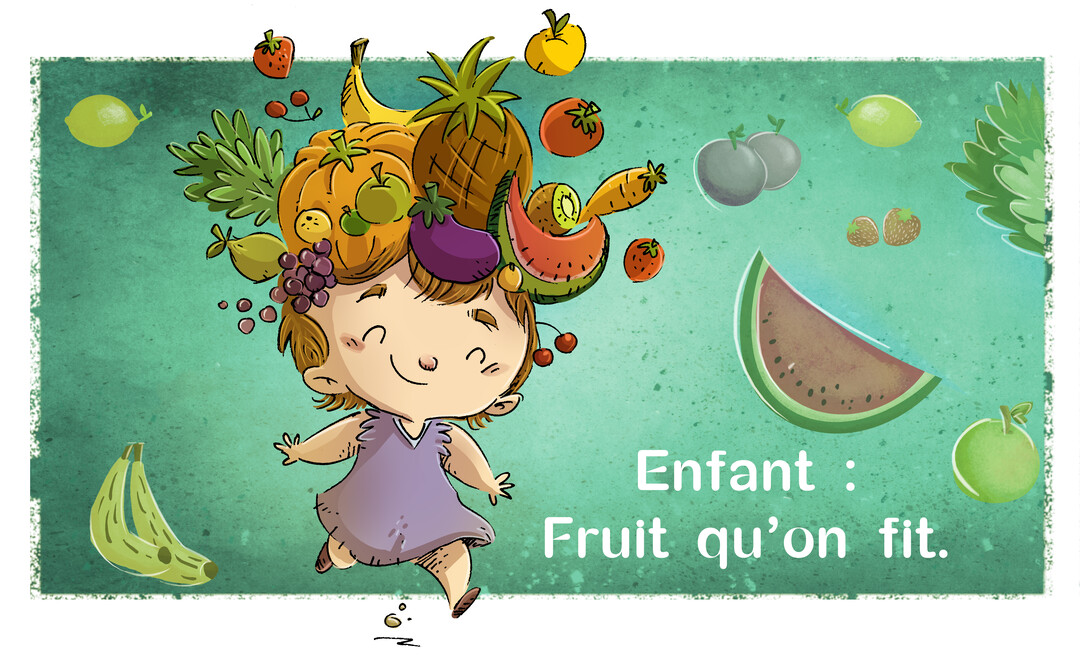 Une illustration enfantine représente un enfant joyeux coiffé d'une abondance de fruits et légumes colorés sur un fond vert texturé.