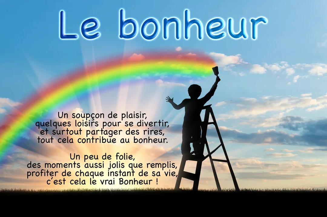 Une silhouette d'enfant juché sur une échelle peint un arc-en-ciel dans un ciel crépusculaire, illustrant un poème sur la définition du bonheur.