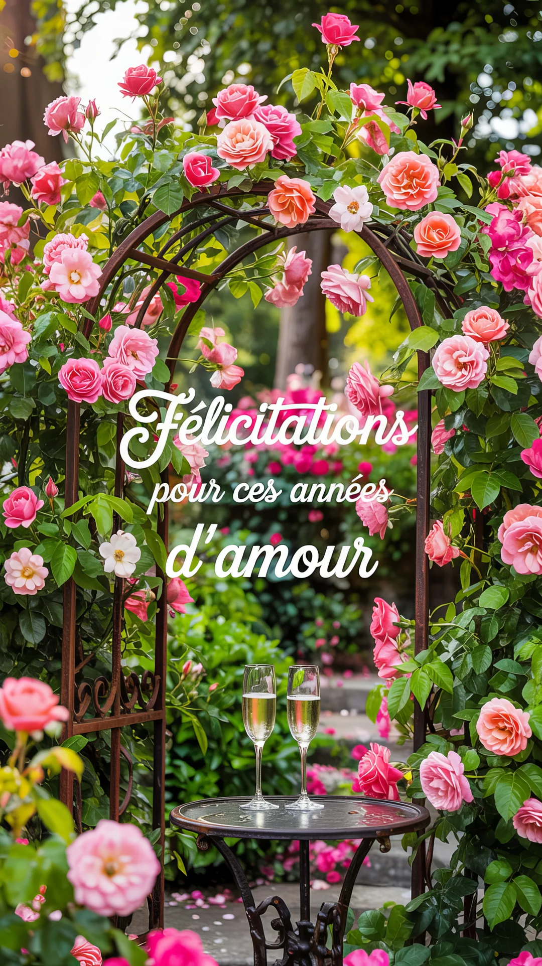 Dans un jardin luxuriant, deux flûtes de champagne sont posées sur une table devant une arche métallique recouverte de magnifiques roses roses.