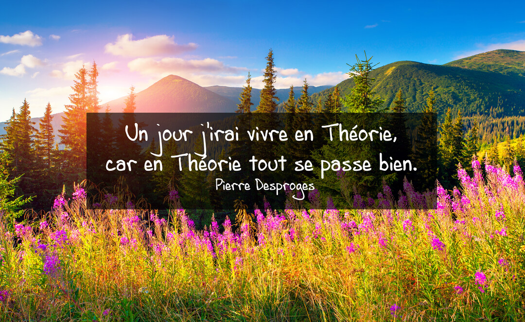 Une citation de Pierre Desproges sur un fond de paysage montagneux avec des sapins et un champ de fleurs roses et violettes au premier plan.