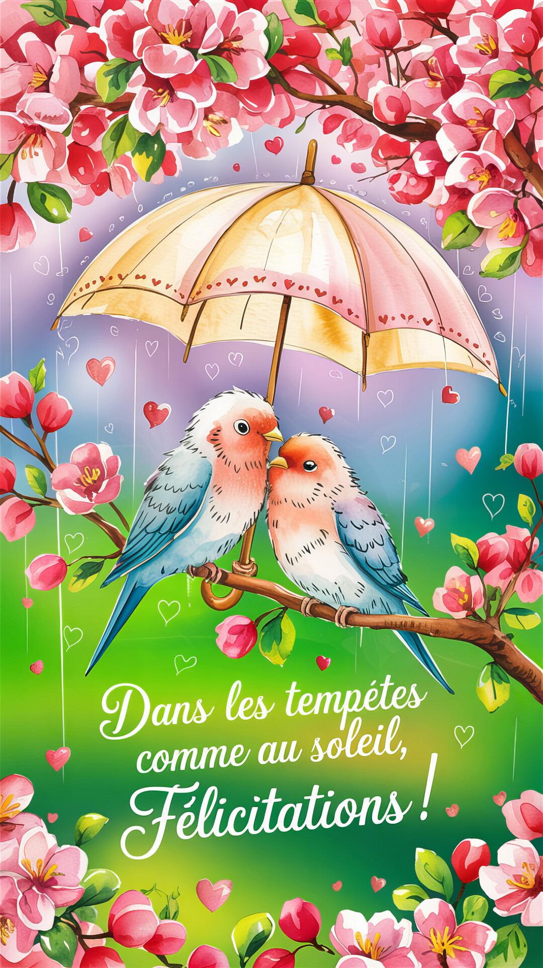 Deux oiseaux colorés, blottis sous un parapluie jaune sur une branche de cerisier en fleurs, sous une pluie de cœurs rouges.