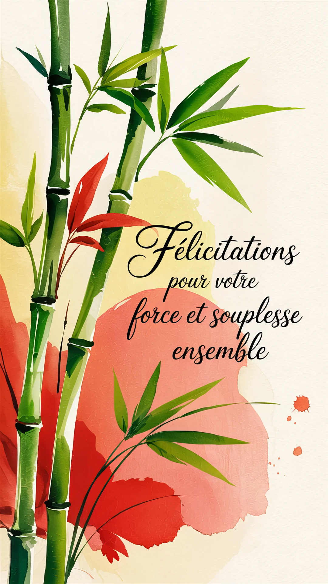 Une illustration à l'aquarelle représente des tiges de bambou vertes et quelques feuilles rouges sur un fond crème, avec un message de félicitations calligraphié.