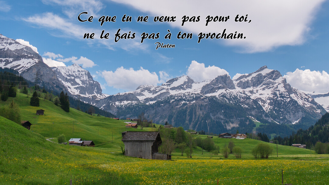 Un paysage alpin ensoleillé montre des chalets en bois dans une prairie verte, dominés par d'imposantes montagnes enneigées sous un ciel bleu.