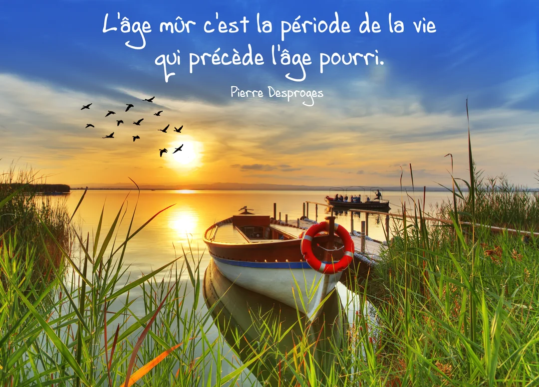 Une barque est amarrée à un ponton sur un lac calme au crépuscule, avec une citation humoristique de Pierre Desproges superposée en blanc.