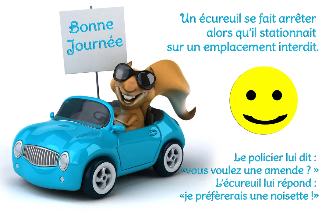Un écureuil de dessin animé avec des lunettes de soleil conduit une voiture bleue, accompagné d'une blague textuelle et d'un smiley.