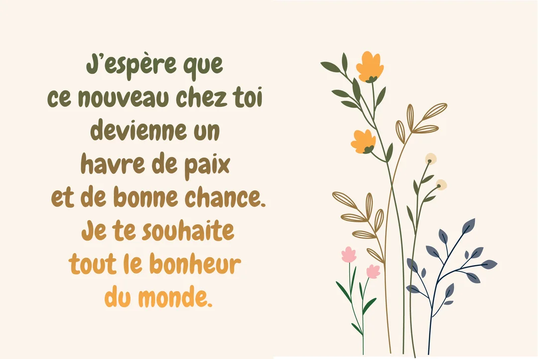 Une carte de vœux sur fond crème, avec un message de bon emménagement écrit à gauche et un dessin de fines tiges florales à droite.