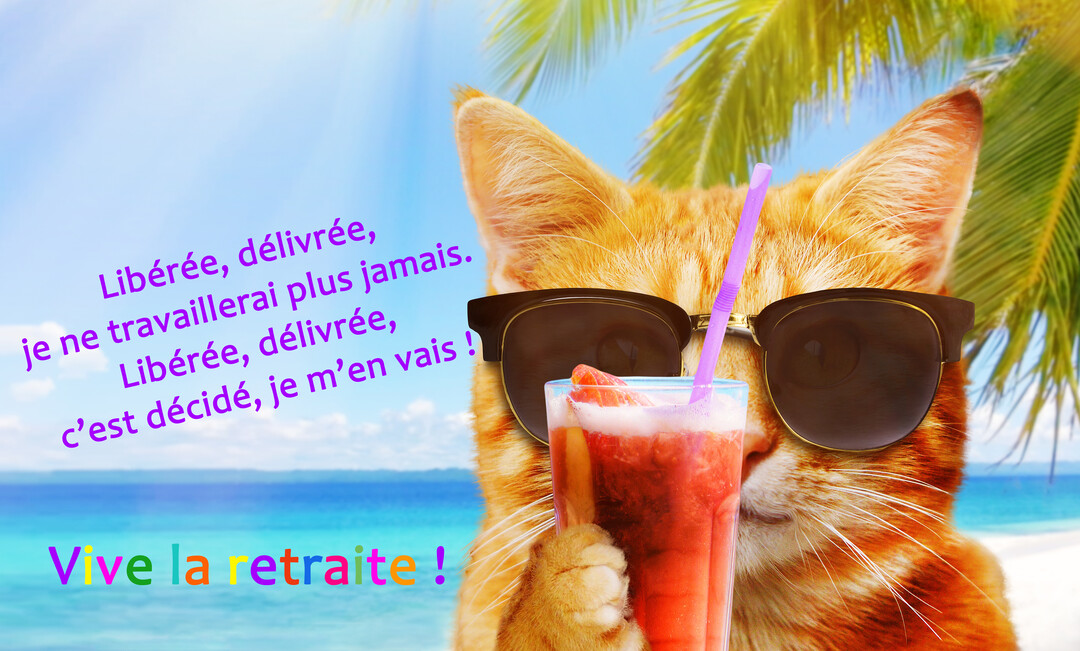 Un chat roux portant des lunettes de soleil se détend sur une plage tropicale en sirotant un cocktail rouge avec une paille violette.