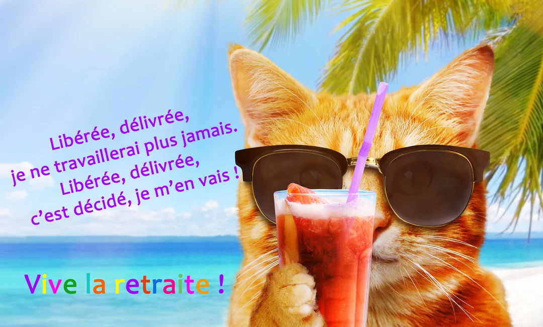 Un chat roux portant des lunettes de soleil se détend sur une plage tropicale en sirotant un cocktail rouge avec une paille violette.