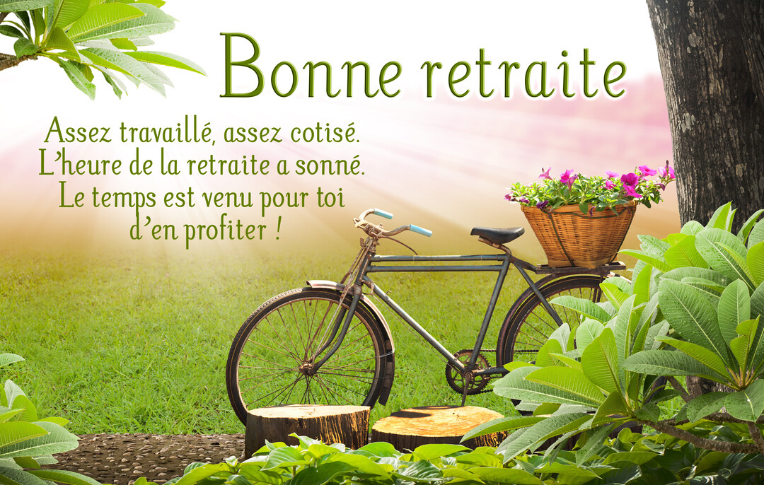 Une scène de jardin paisible avec un vélo ancien portant un panier de fleurs, symbolisant une retraite heureuse, sous un ciel lumineux.