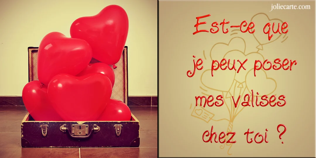 Une carte en deux volets : à gauche, une valise pleine de ballons en forme de cœur rouges ; à droite, la question 'Puis-je poser mes valises chez toi ?'.