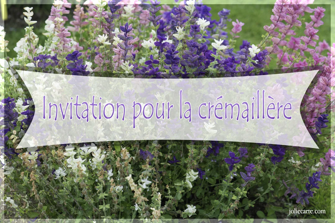 Une carte photographique montrant des épis floraux de sauge violets et blancs, avec un bandeau central portant le texte 'Invitation pour la crémaillère'.
