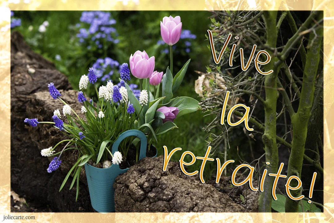 Une composition florale de tulipes roses et de muscaris bleus et blancs dans un arrosoir est posée au pied d'un arbre dans un jardin verdoyant.