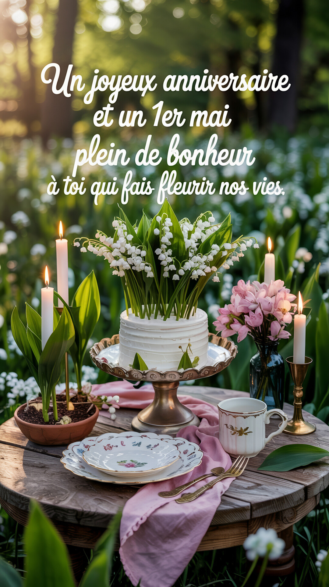 Une table en bois dans un jardin est dressée avec un gâteau au muguet, des bougies allumées et de la vaisselle vintage.