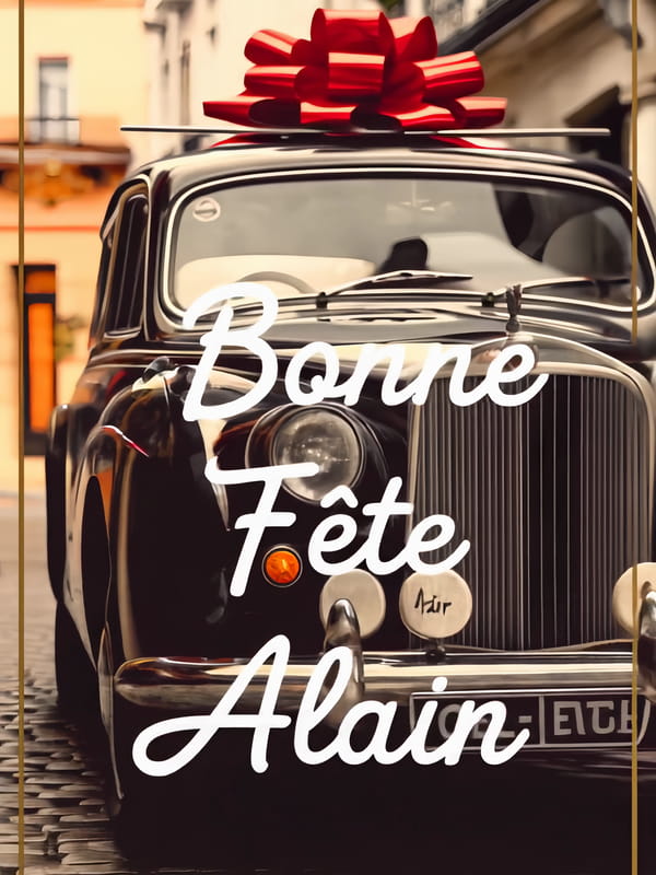 Carte de 'Bonne Fête Daniel' avec la photo d'une voiture noire de collection surmontée d'un noeud cadeau rouge, dans une rue pavée.