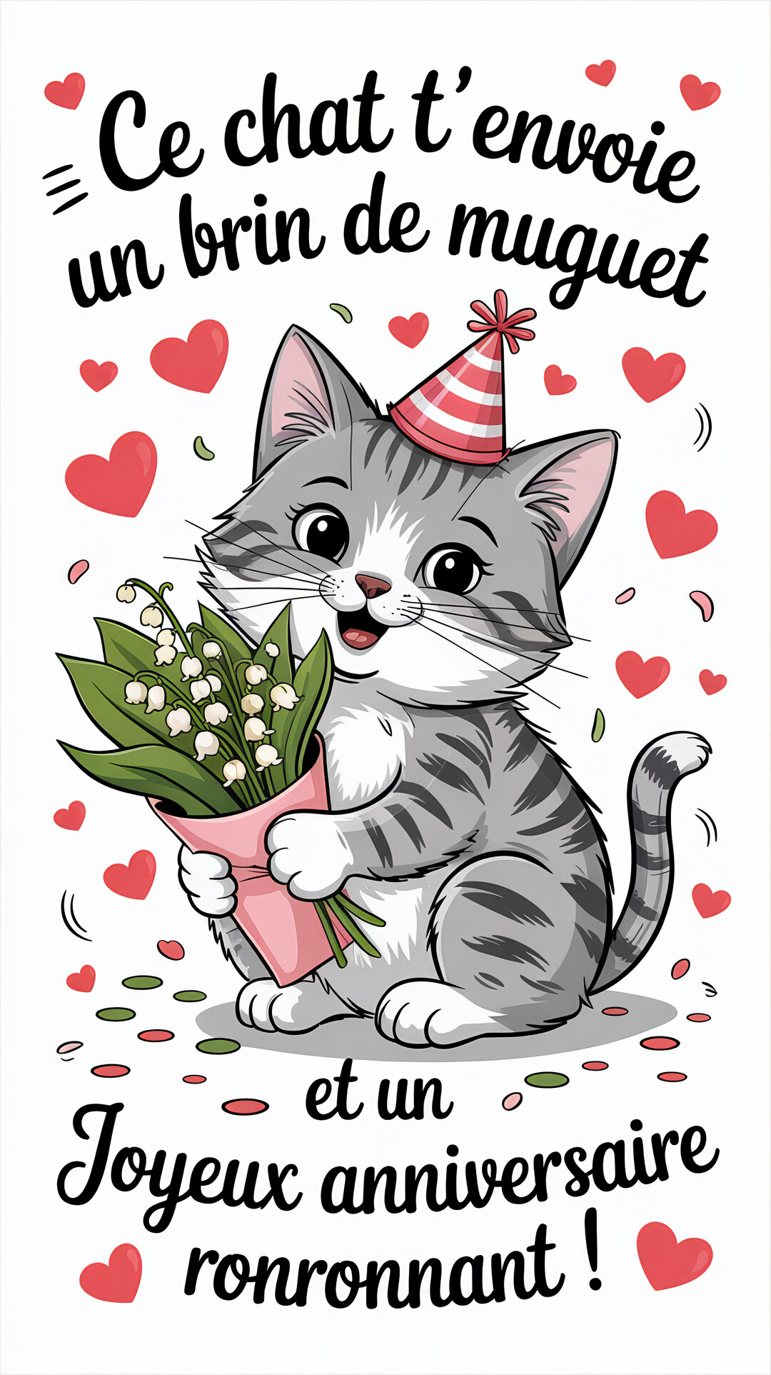 Un dessin de chaton gris tigré avec un chapeau de fête, tenant un bouquet de muguet, sur un fond blanc avec des cœurs rouges.