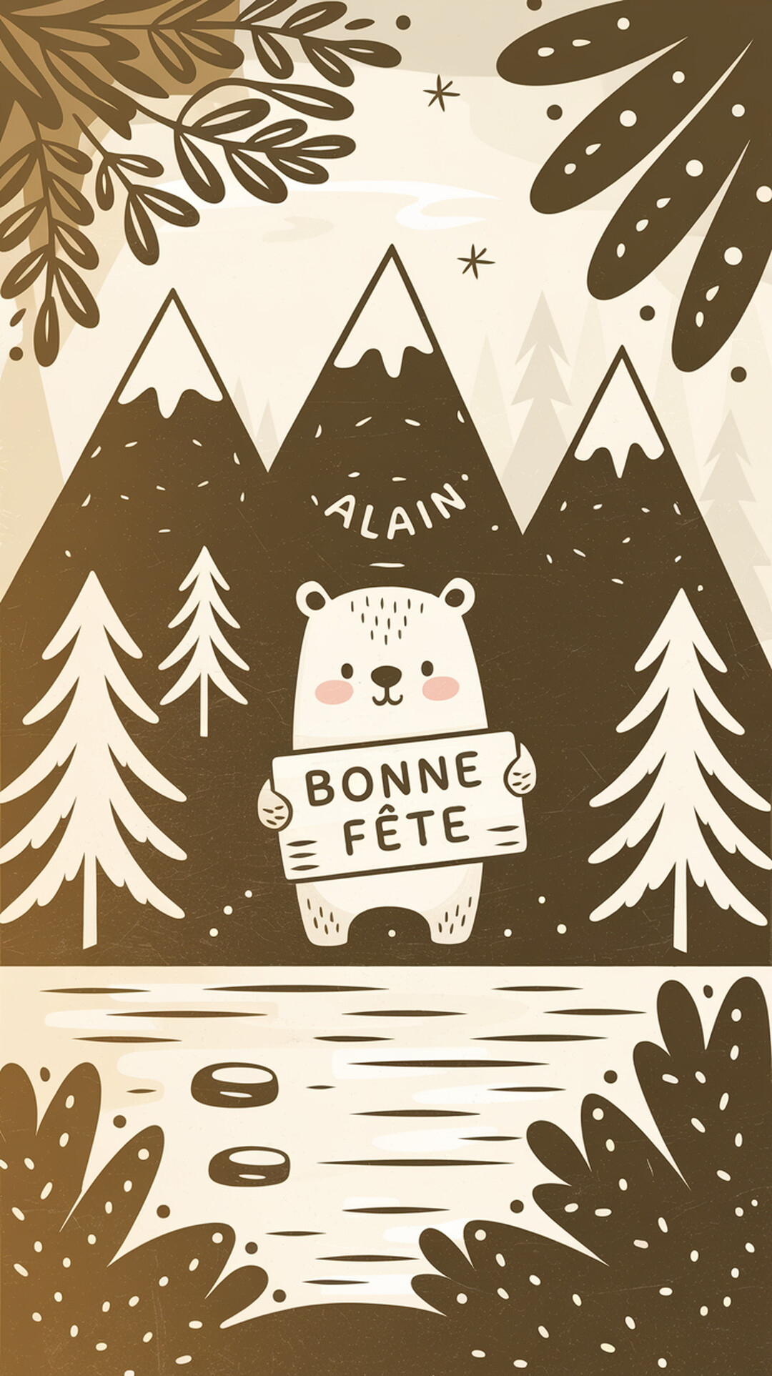 Une illustration stylisée d'un ours blanc tenant une pancarte 'Bonne Fête' devant un paysage de montagnes, de sapins et d'un lac.