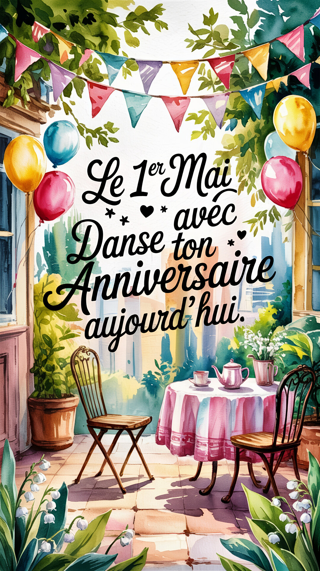 Une illustration à l'aquarelle d'une terrasse festive avec ballons, muguet et le texte 'Le 1er Mai avec Danse ton Anniversaire aujourd'hui'.