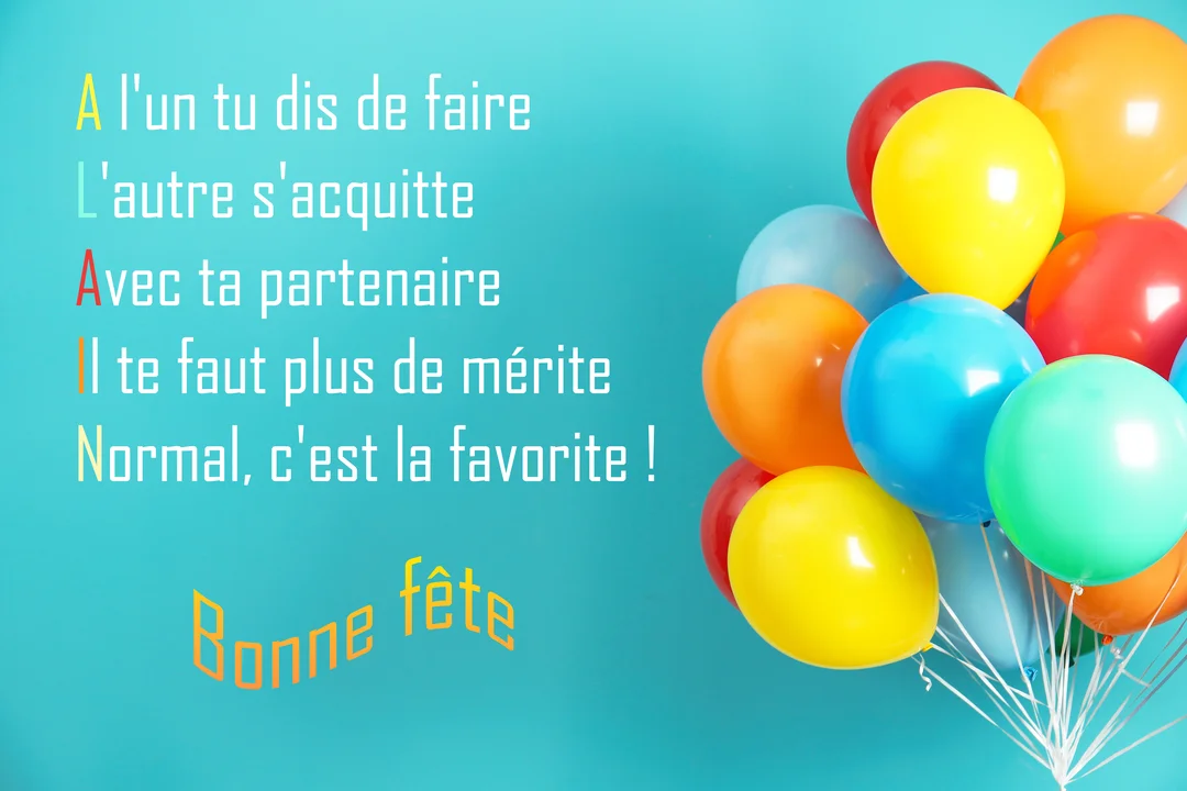 Une carte de fête sur fond bleu-vert affichant un acrostiche du prénom Alain, le texte 'Bonne fête' et un bouquet de ballons colorés.