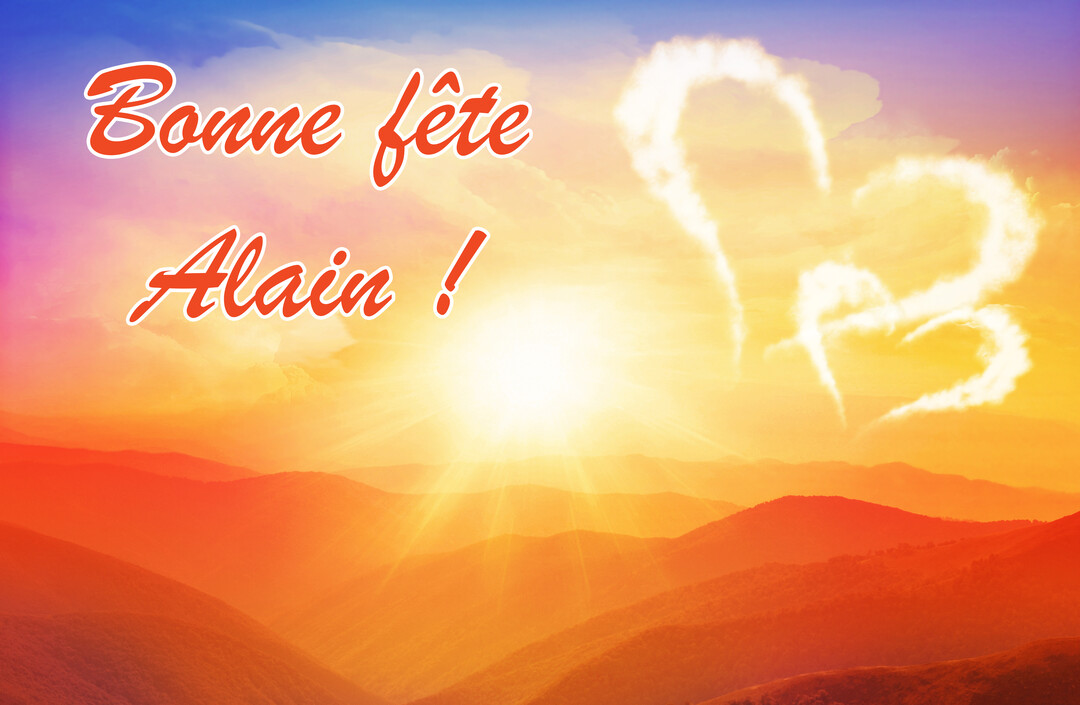 Un paysage montagneux baigné par la lumière d'un soleil couchant, avec deux cœurs de nuages flottant dans un ciel aux teintes chaudes.