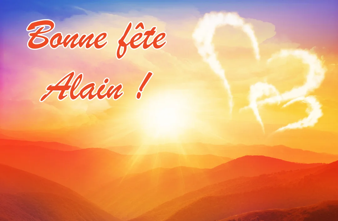 Un paysage montagneux baigné par la lumière d'un soleil couchant, avec deux cœurs de nuages flottant dans un ciel aux teintes chaudes.