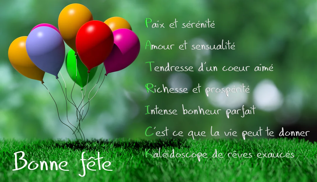 Un bouquet de ballons multicolores posé sur une herbe verte vive, avec un poème acrostiche formant le prénom 'Patrick' sur un fond naturel.