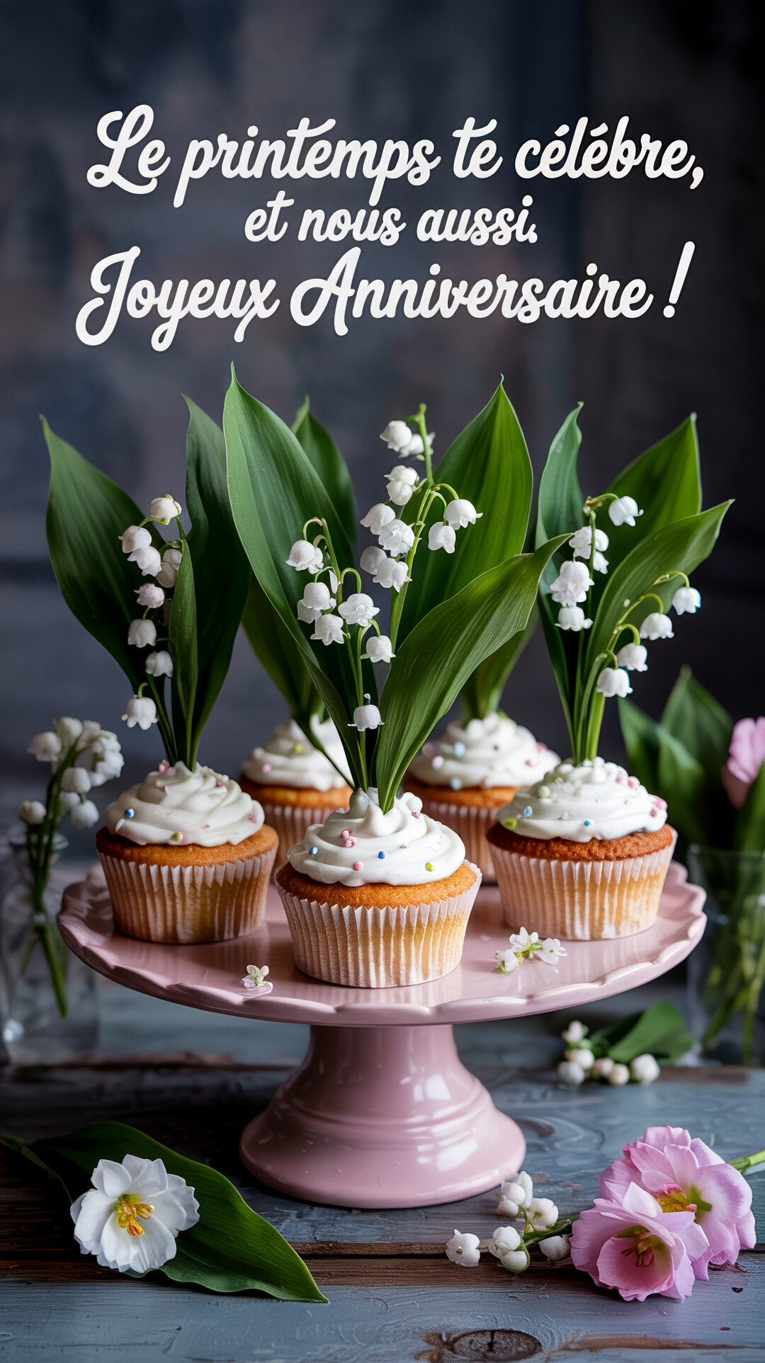 Une composition photographique montre des cupcakes décorés de muguet sur un présentoir rose, avec des fleurs posées sur une table en bois.