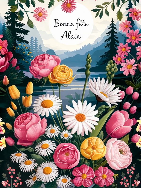 Carte de bonne fête pour Françoise. Illustration d'un bouquet de roses, tulipes et marguerites sur fond de paysage de lac et montagnes.