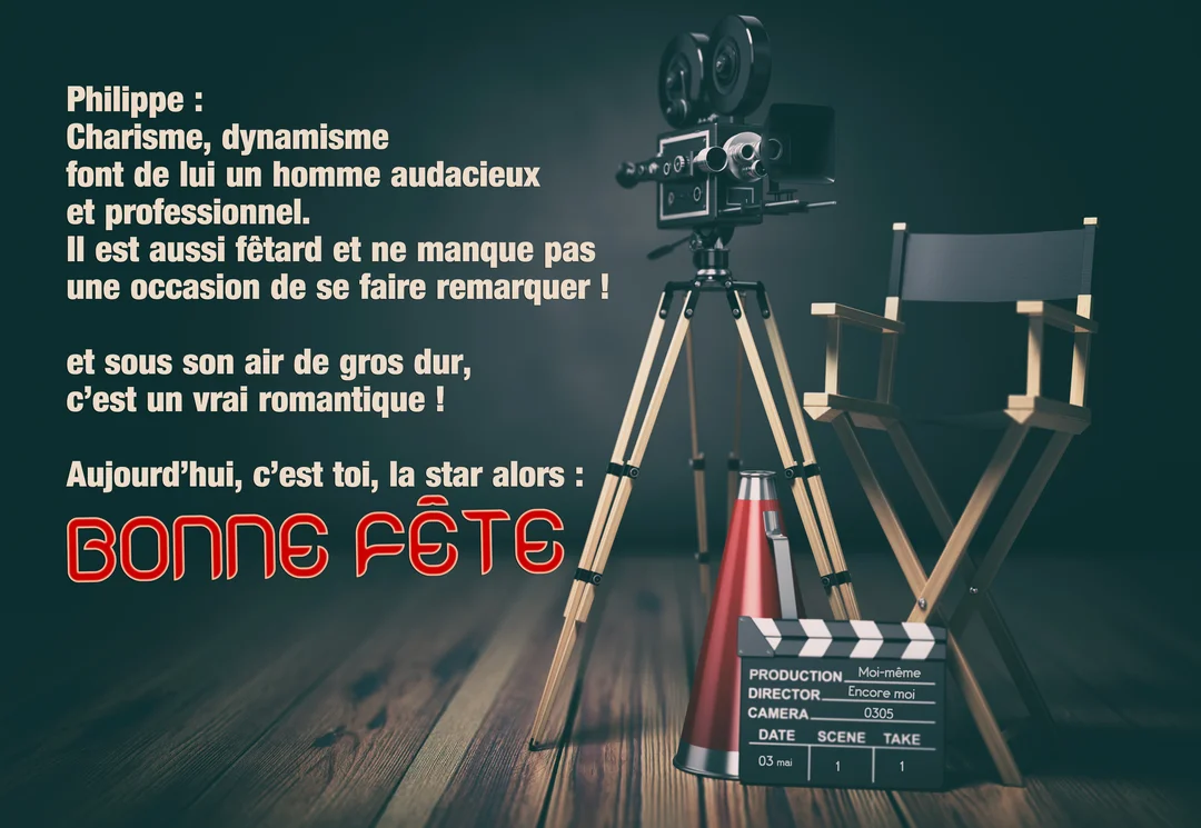 Une scène de tournage de film de style rétro avec une caméra sur trépied, une chaise de réalisateur et un clap de cinéma.