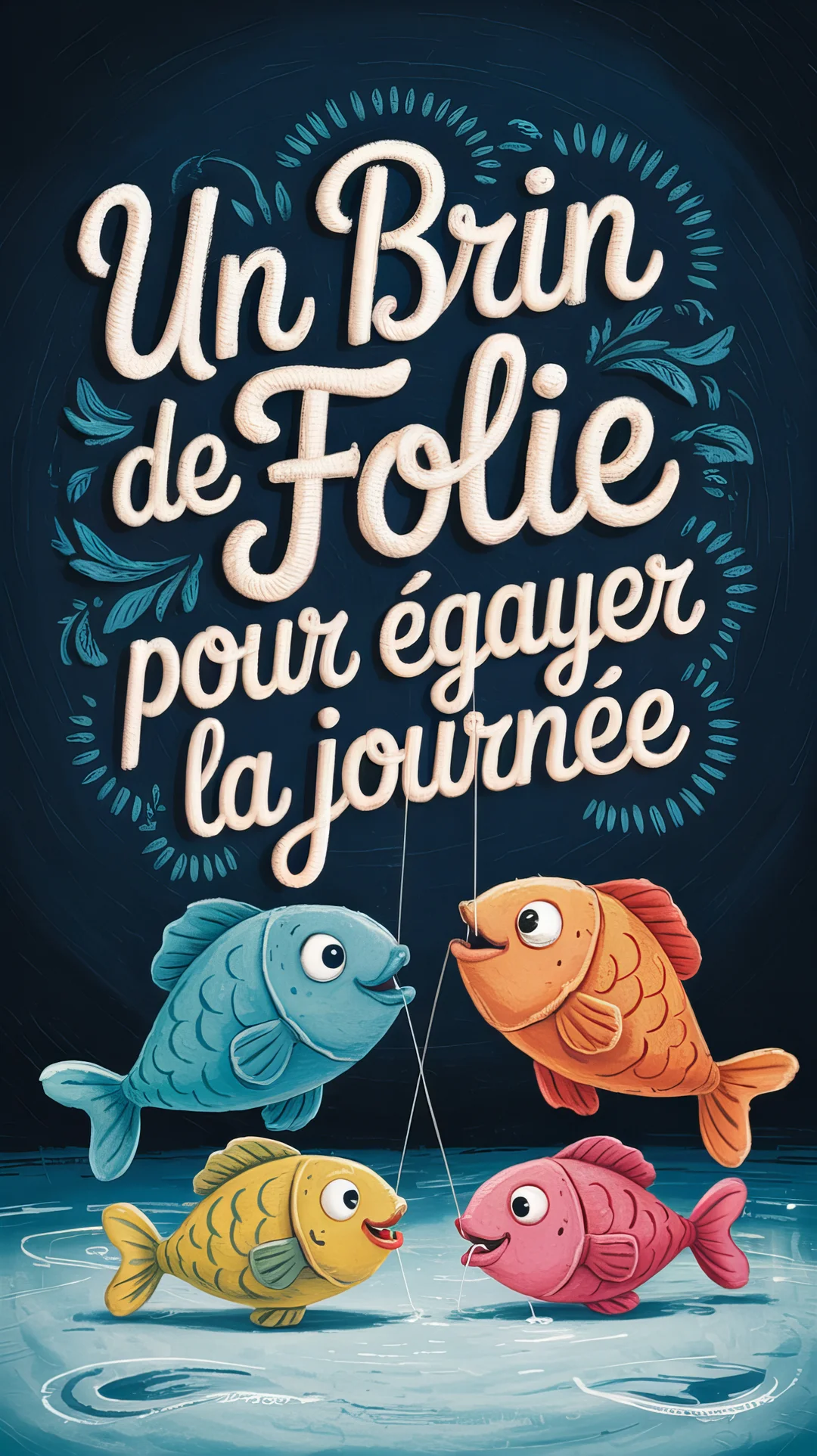 Quatre poissons de dessin animé colorés sourient sous une typographie fantaisiste sur un fond bleu nuit pour le 1er avril.